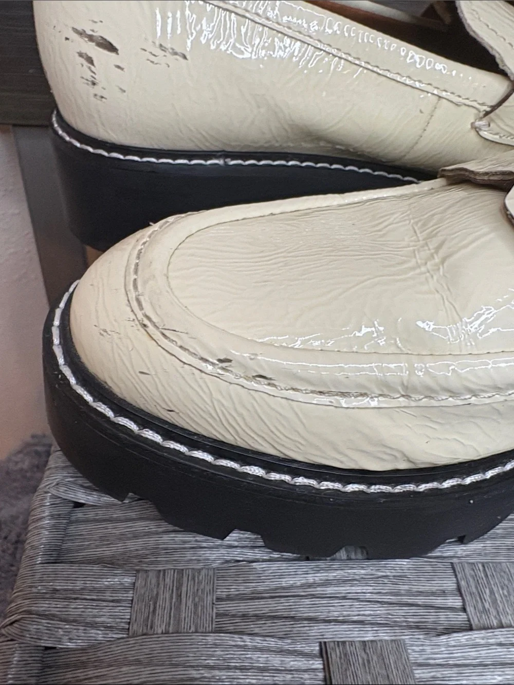 Franco Sarto Cream Patent Leather Lug Sole Penny Loafers